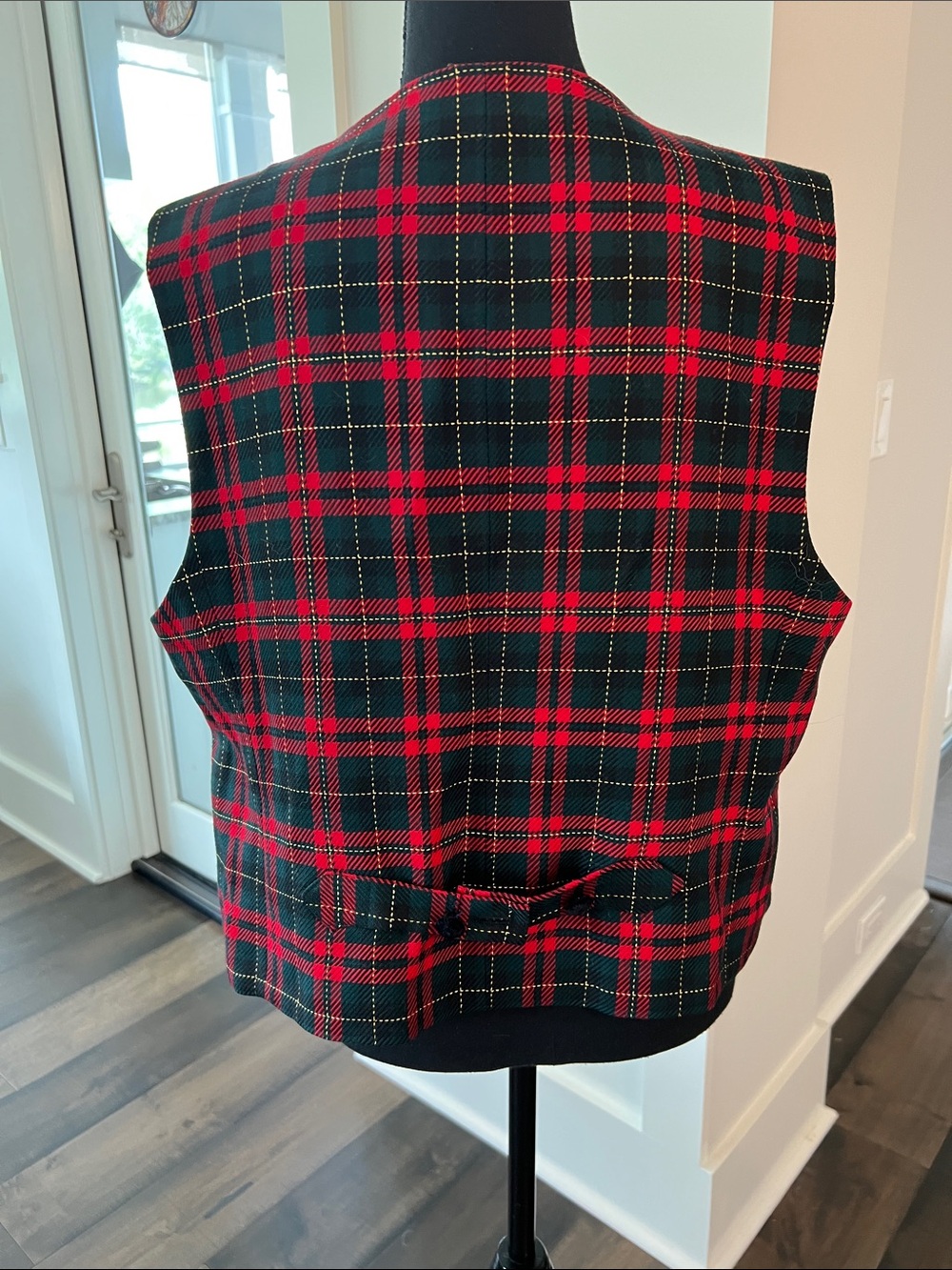 Talbots Black,Green, and Red Plaid Button-Down Vest with Velvet and Gold Accent